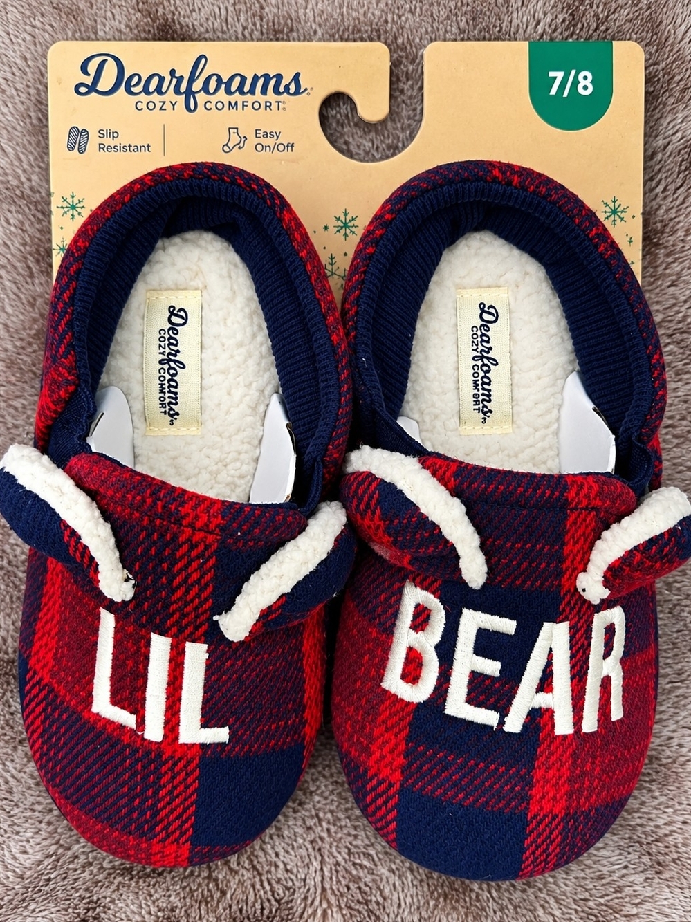 dearfoams Red and Navy Plaid Kids Slip-On Slippers - 'LIL BEAR'
